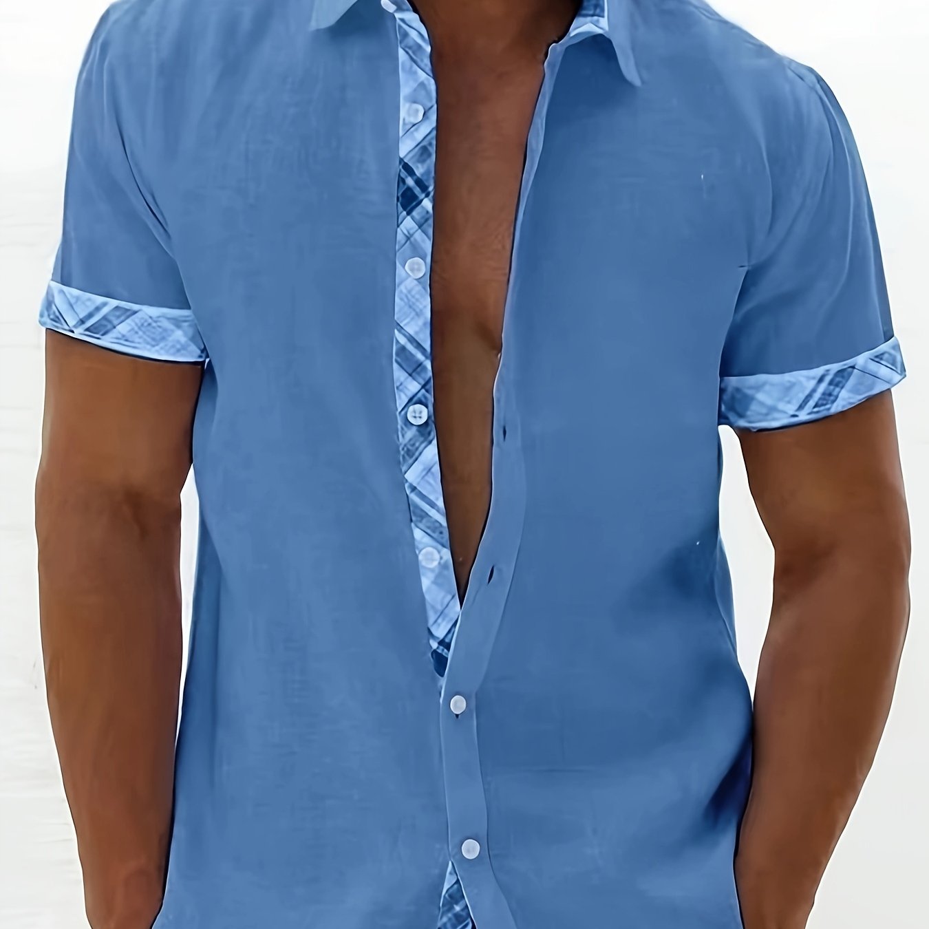 Image of Men's Short-sleeved Cardigan With Contrasting Color On The Cuffs And , Lapel Casual Fashion Shirt 8916