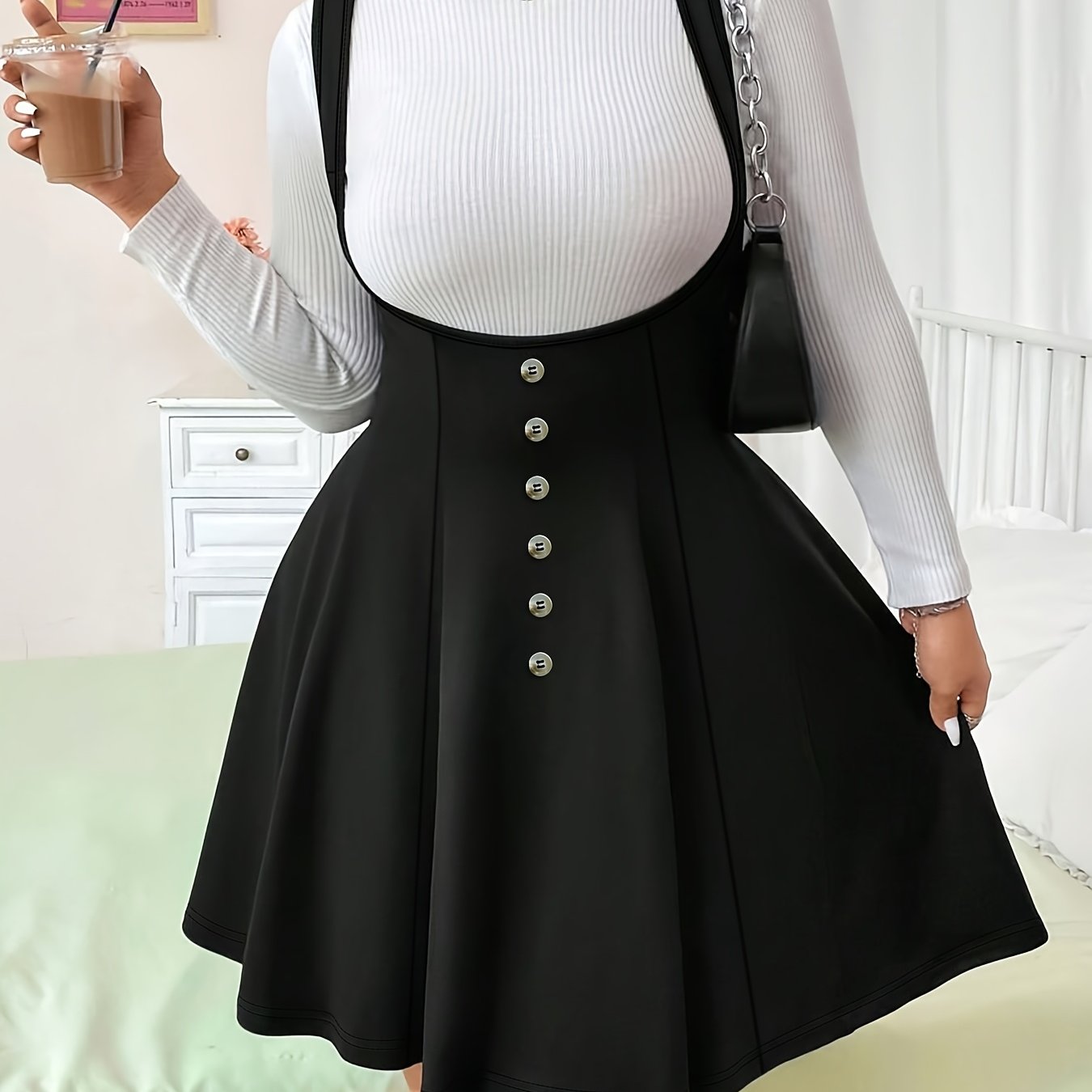 TEMU Plus Size, Plus Size Women's Dress, Solid Color Suspender Dress With Button Accent Spaghetti Suspender Dress
