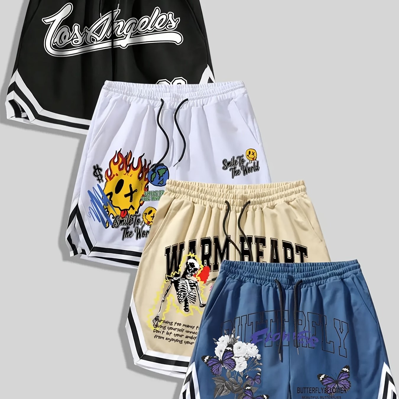 TEMU Men's 4pcs Set Of Summer Street Fashion Shorts Featuring Floral And Letter Prints, With Drawstrings And Pockets