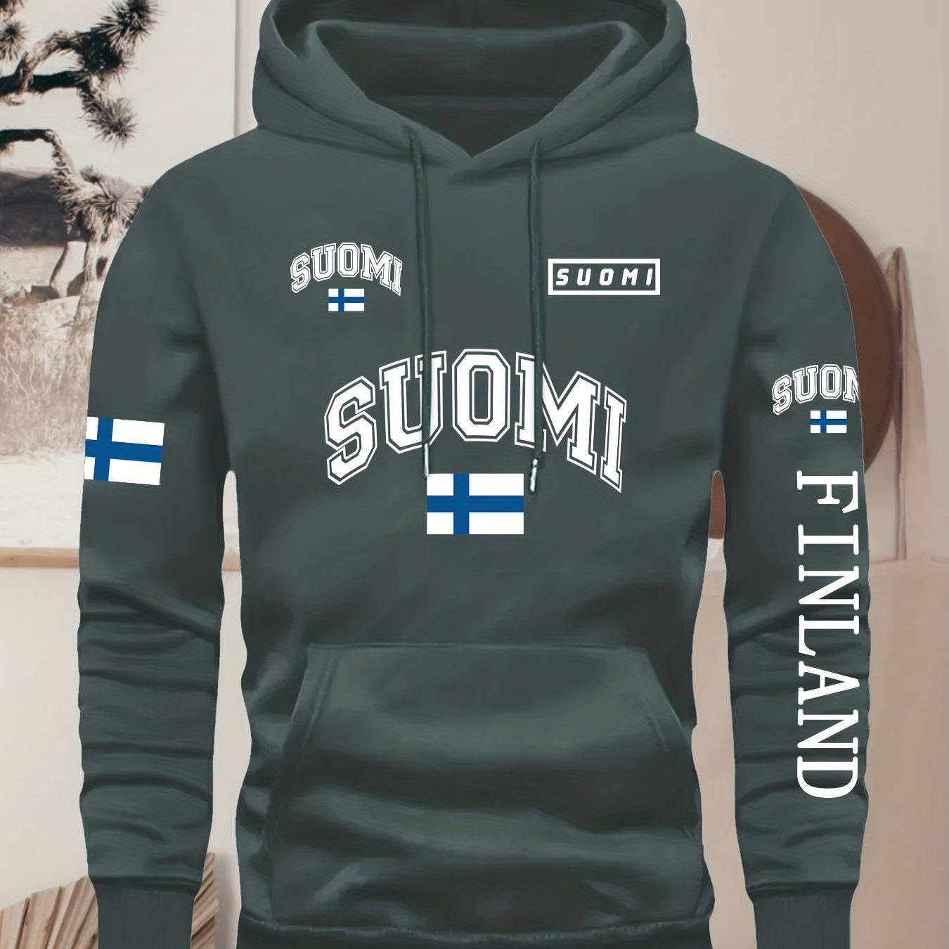 TEMU Men's Stylish Hoodie Featuring Finnish Elements With Patterns, Kangaroo Pocket, Adjustable Drawstring, Comfortable And Versatile For Casual Wear