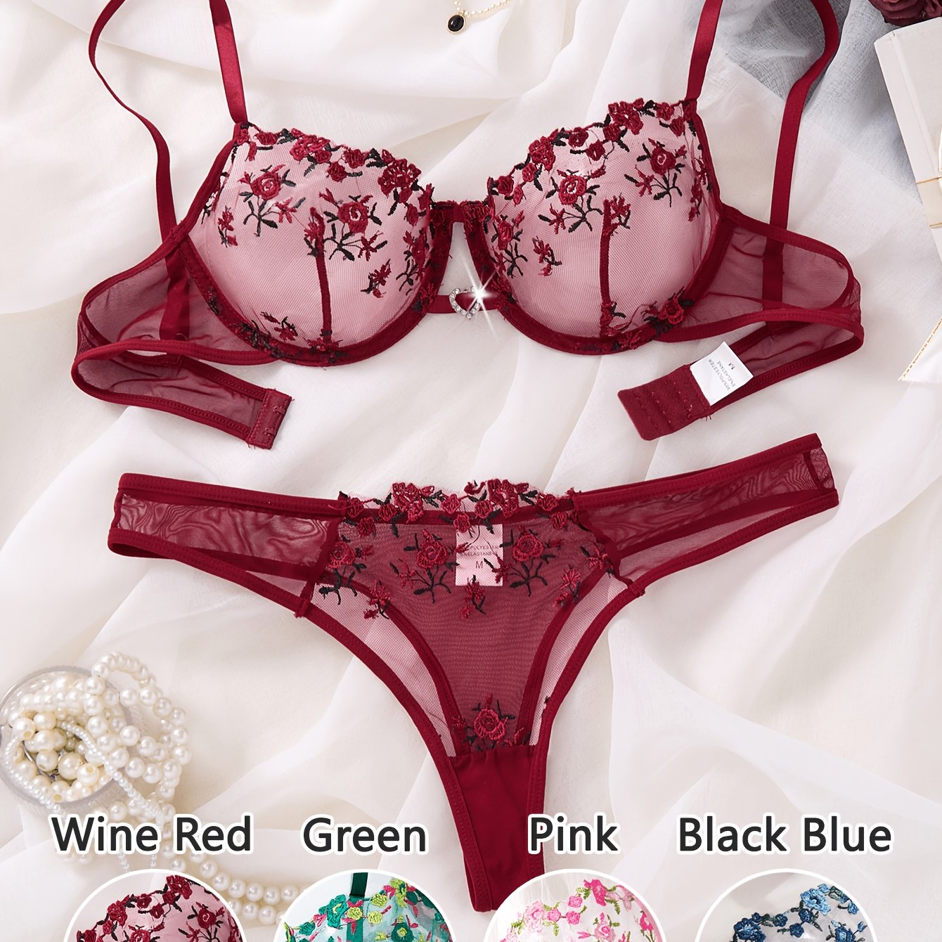 TEMU Random 1 Set Women's Lingerie Set, Pretty Small Floral Pattern Embroidered Sexy Set, Women's Clothing, Single-layer Bra And Panties, Showcasing