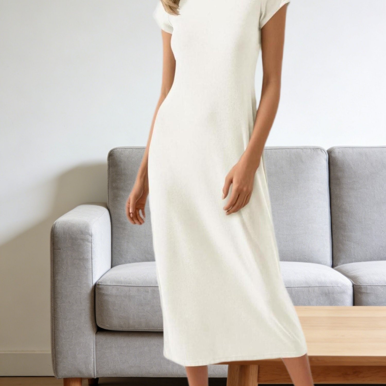 Image of Women's Summer Basic Solid Short Sleeve T-shirt Dress, Classic Crew Neck Design, Casual Loose Long Midi Dress For Everyday Wear