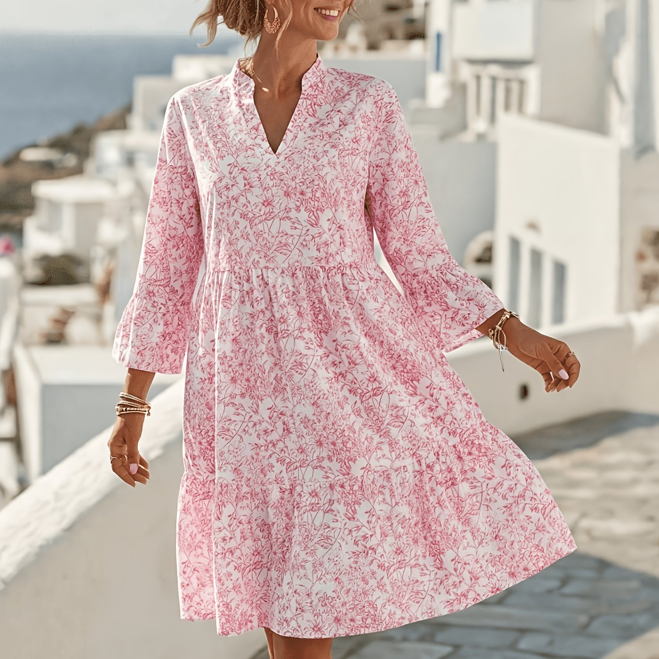 TEMU Floral Print Stand Collar/v-neck Flared Three-quarter Sleeve Cake Skirt Dress For Women, Loose Fit Flattering Cover-up Dress For Beach Vacations