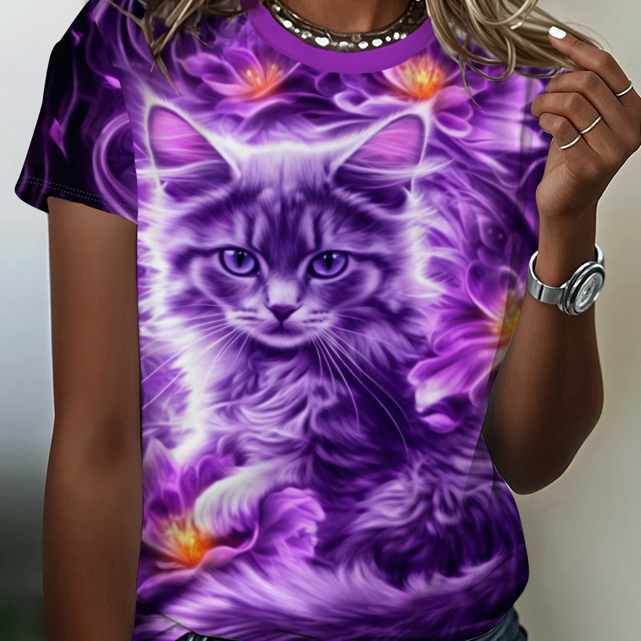 TEMU Summer Label Women's Clothing, Purple Cat Print Design, Women's Round Neck Short Sleeve T-shirt Top, Outdoor Casual Wear