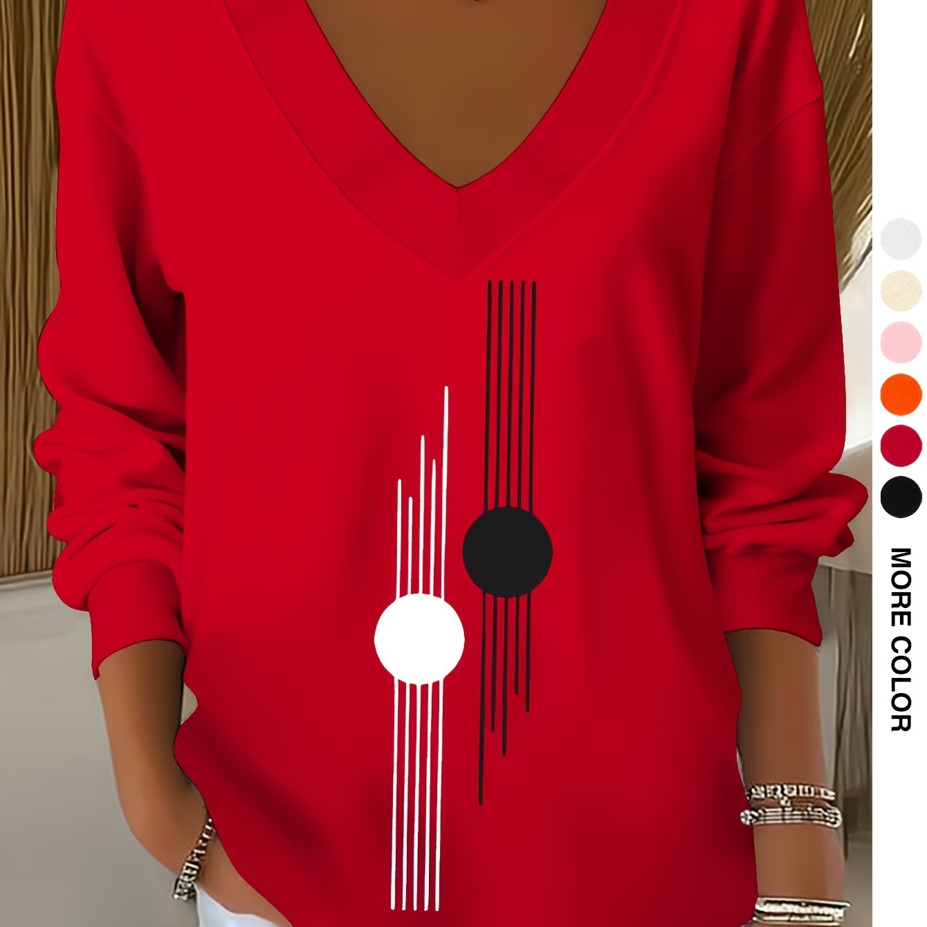 TEMU 1014gwen, 1pc Casual V-neck Long Sleeve Sweatshirt, Pattern Print, Women's Clothing