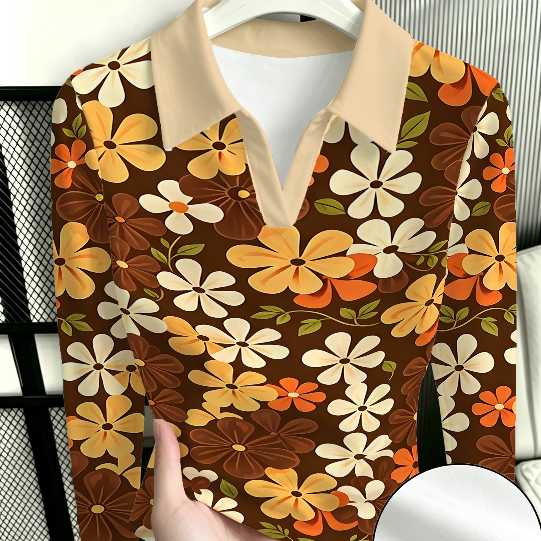 TEMU Vintage 70s-style Women's Lapel Collar White Blouse With Three-color Daisy Print, A Loose And Casual Top With Denim Shorts, Suitable For Daily