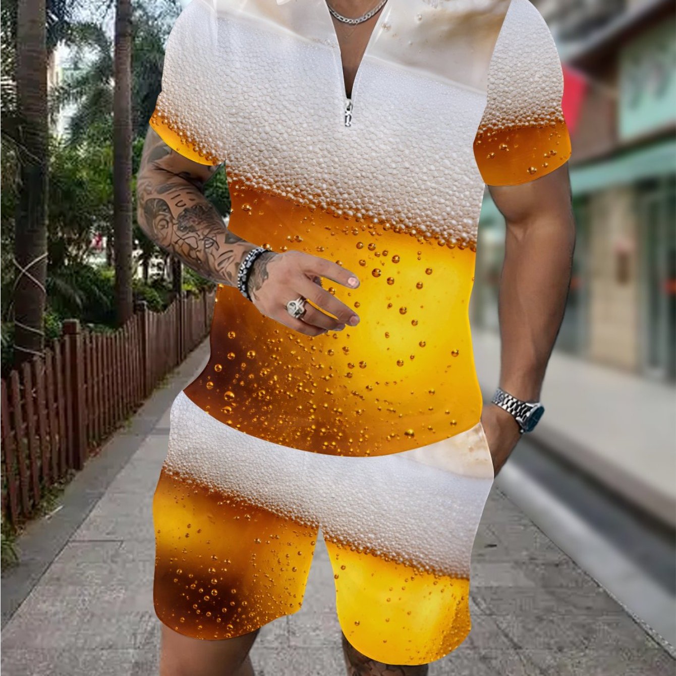 Image of Men's Casual Summer Beach 3d Beer Foam Print Zipper Shirt & Shorts Set Men's Fashion Trendy Casual Wear For Adults Men Vacation Sportswear