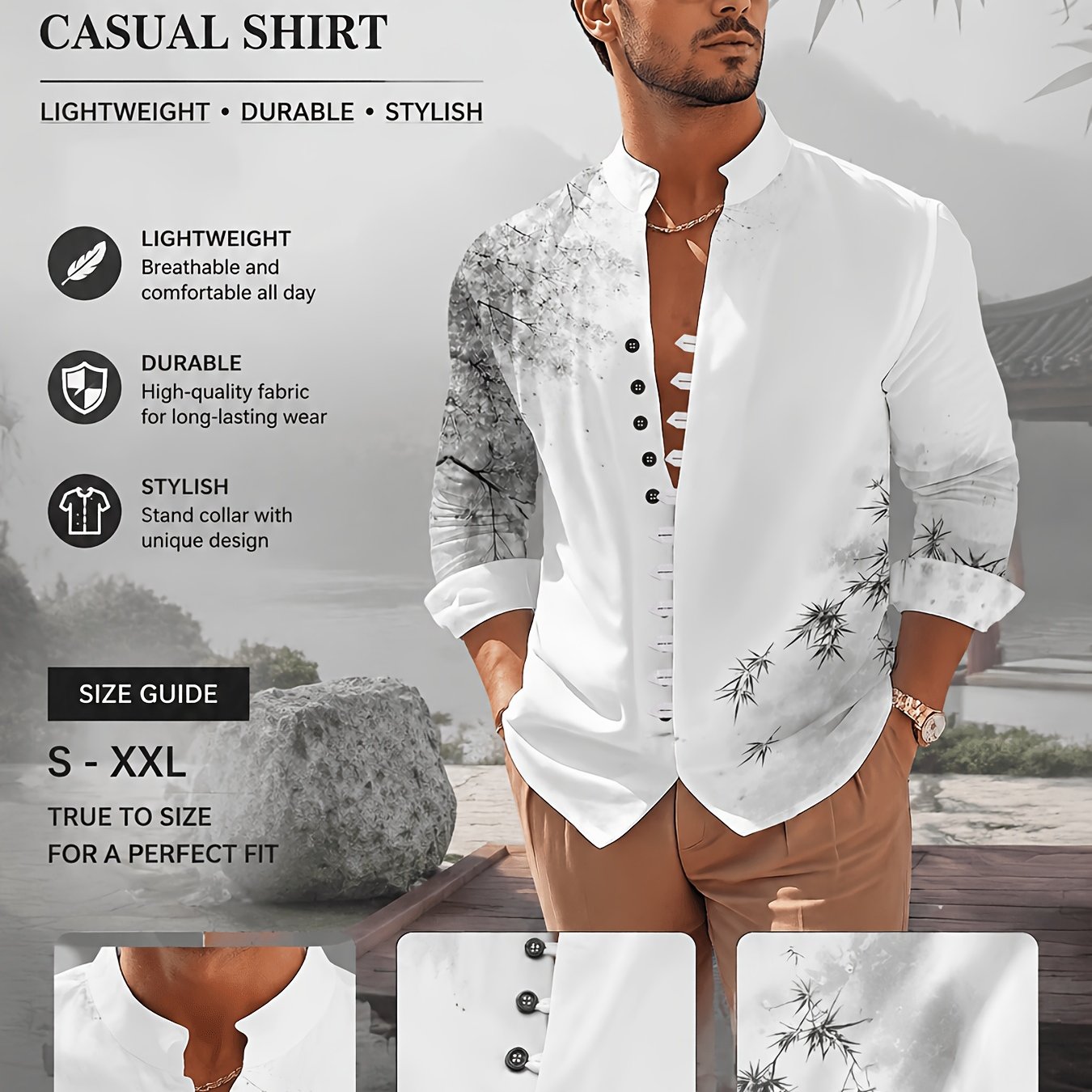 TEMU Chemise à manches longues pour homme, 11 boutons, bambou, imprimé feuille, col , mode, décontractée, respirante, confortable, style printemps