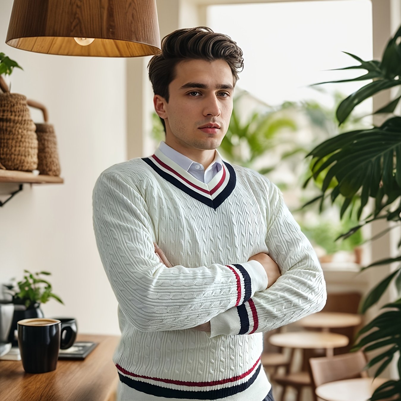 Men's V-neck Pullover Sweater For Autumn And Spring, Warm Knitted Top For Winter, Casual British Style