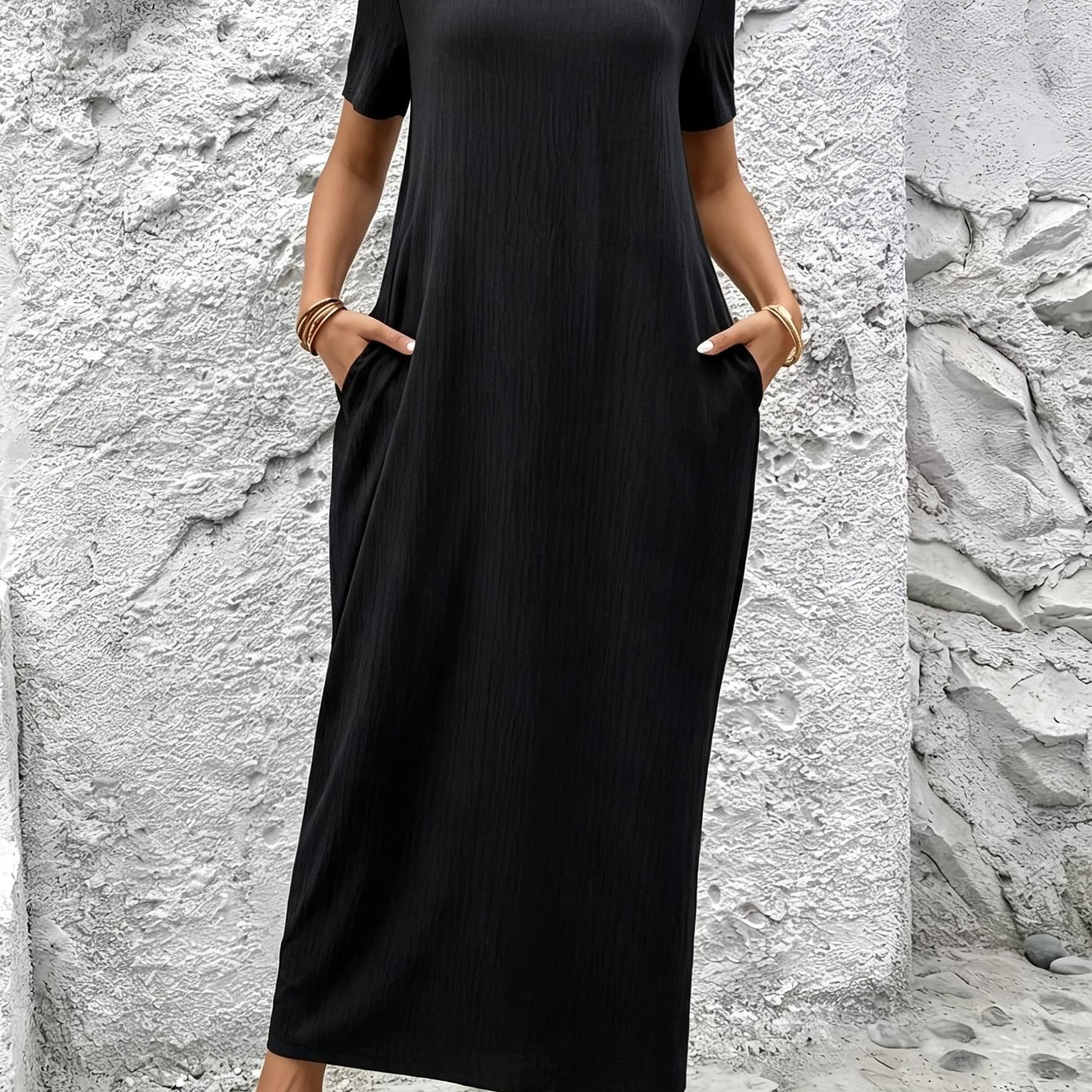 Image of /summer/autumn Women' Color Short Sleeve Long Dress, Elegant, Fashionable, Loose Fit, Relaxed Style, Casual Long Dress
