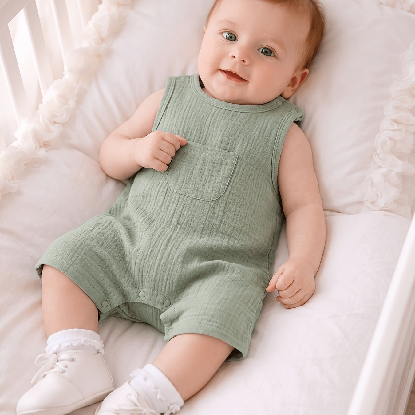 Image of Summer Baby Vest Romper Crinkle Fabric Children's Clothing Sleeveless Breathable Thin Bodysuit, Perfect For Outdoor