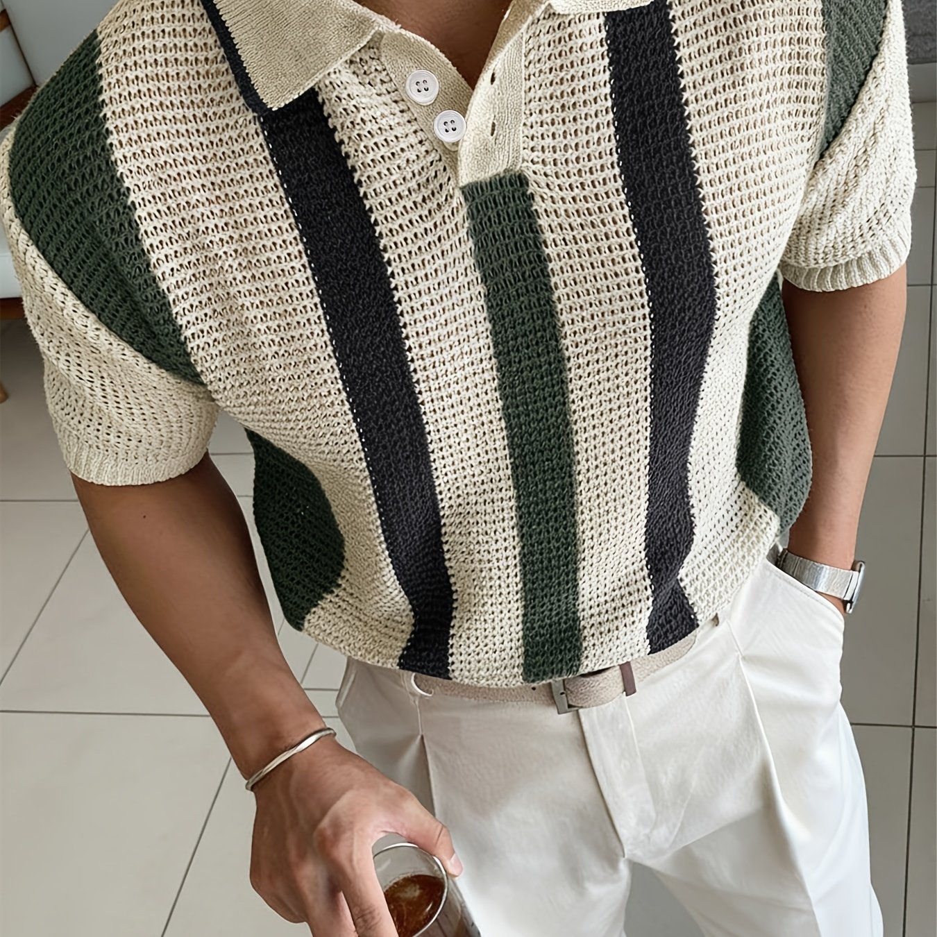Image of Old Money Style Spring Summer Men's Knit Short Sleeve, Summer Clothing Button-up Collar Striped Contrast Men's Pullover Sweater, Office Vacation Travel Outfit