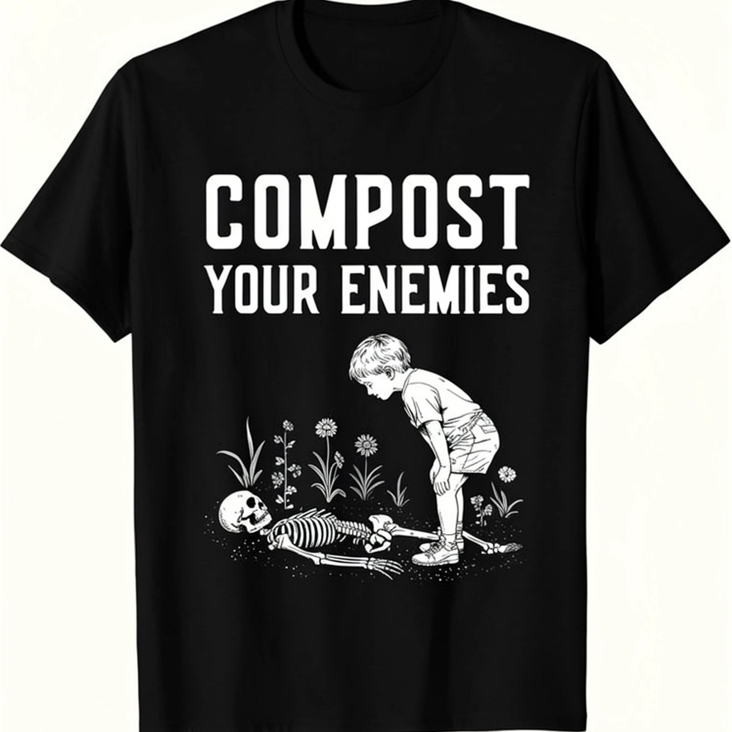 Image of Men's Funny Compost Your Skeleton Graphic T-shirt - Dark Humor Black Soft Retro Tee With White Print, Round Neck Short Sleeve 100% Cotton T-shirt Digital Heat Transfer Casual T-shirt