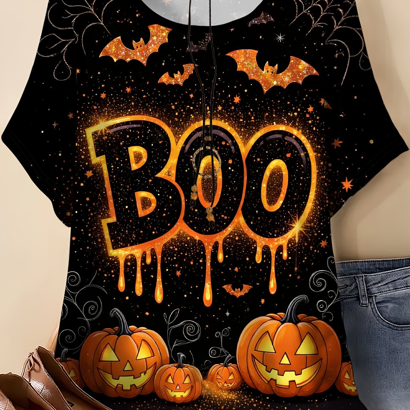 TEMU Plus Size, Plus Size Women's Oversized Round Neck Short Sleeve T-shirt - Non- Suitable For Halloween Pumpkin Print Style Top, Breathable Summer