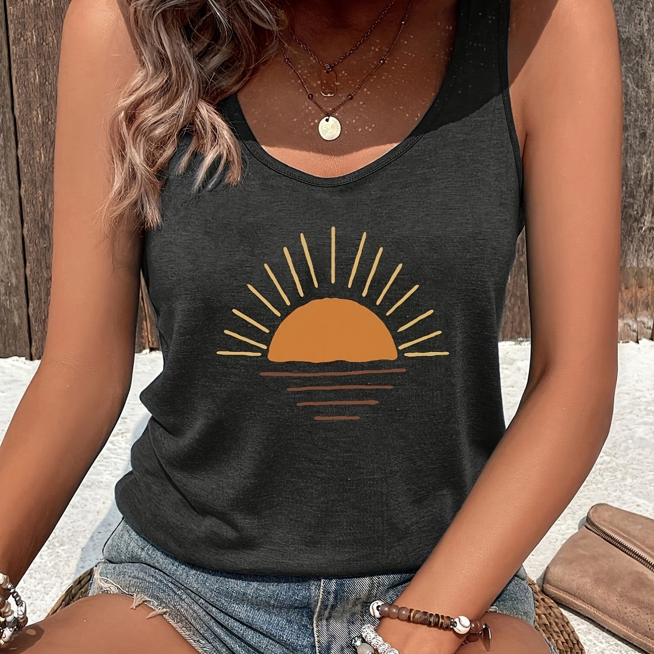 Image of Women's Casual Sleeveless Round Neck Tank Top With Letter Print & Applique Detail - Machine Washable Regular Fit For Spring Summer Fall, Seasonal Fashion, Nontransparent Fabric