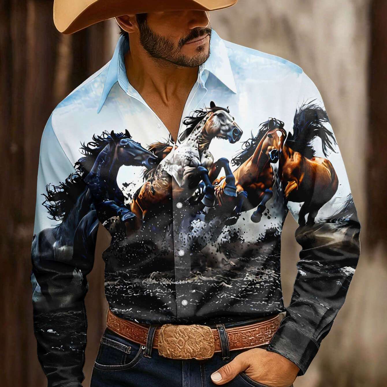 TEMU Wild Gallop Men's Long-sleeve Shirt, Western Cowboy Style