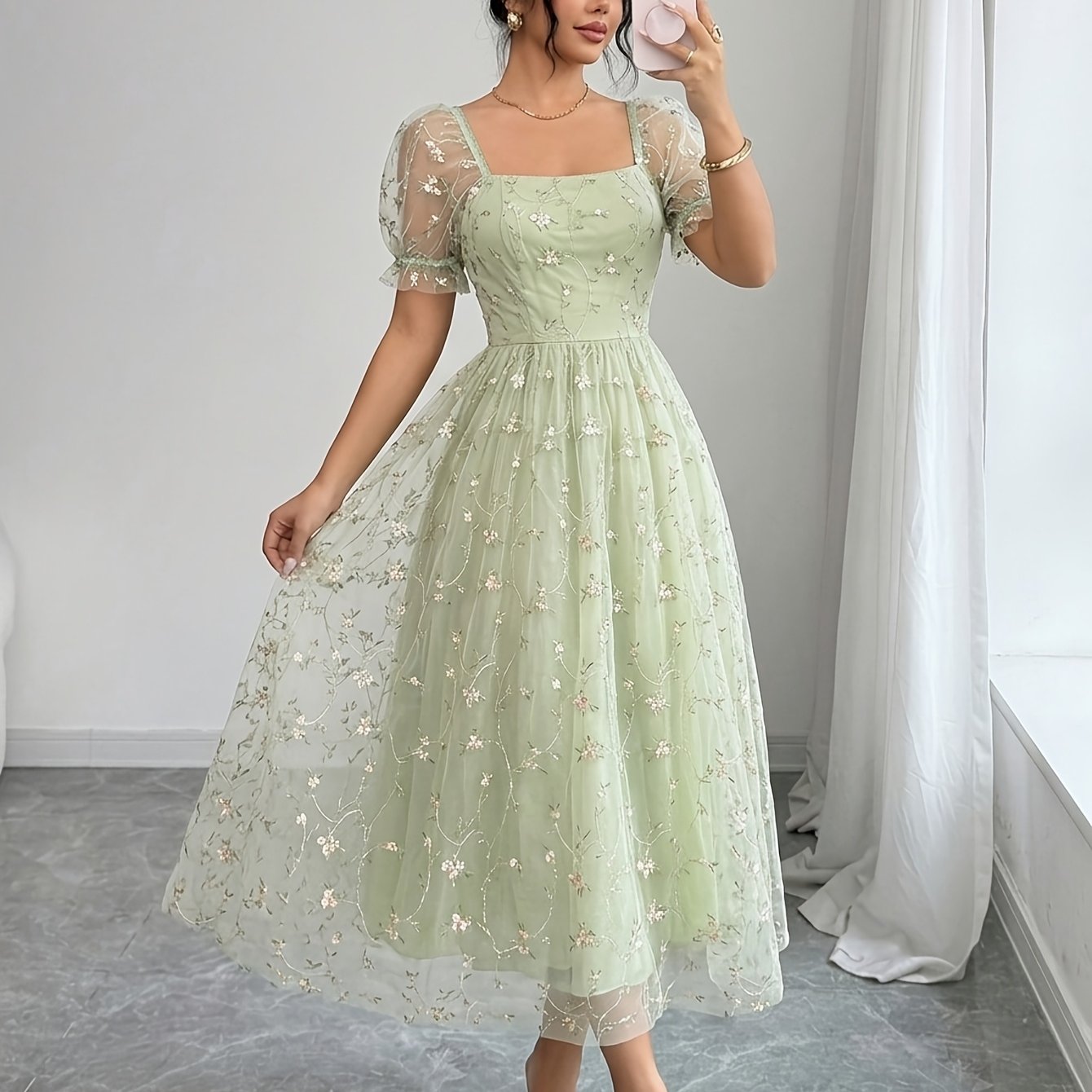 Image of Women's -line Dress With Square Neck & Mesh - Elegant Suitable For Weddings, Parties, - Machine Washable Non- Dress For Wear, Fashion