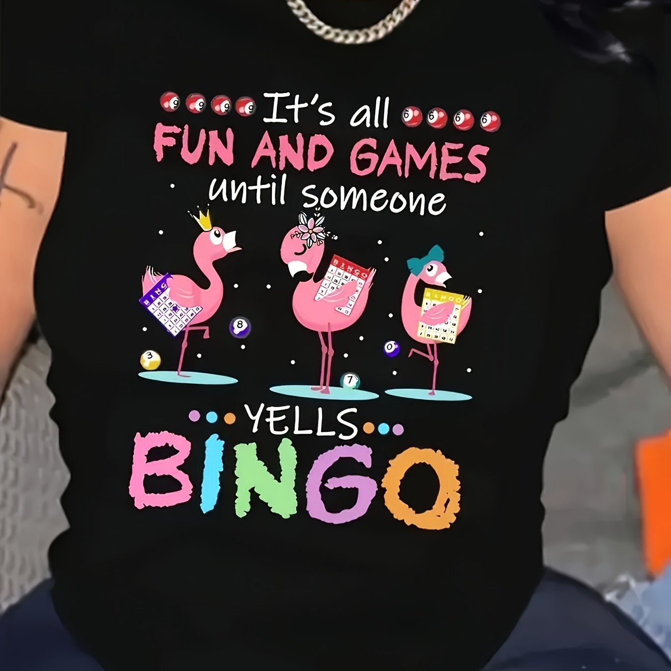 TEMU - Women's Casual With Flamingo & Bingo Graphic - It's For And Games Yells 'new Style Easy And Fashionable Style Loose And Comfortable -unisex