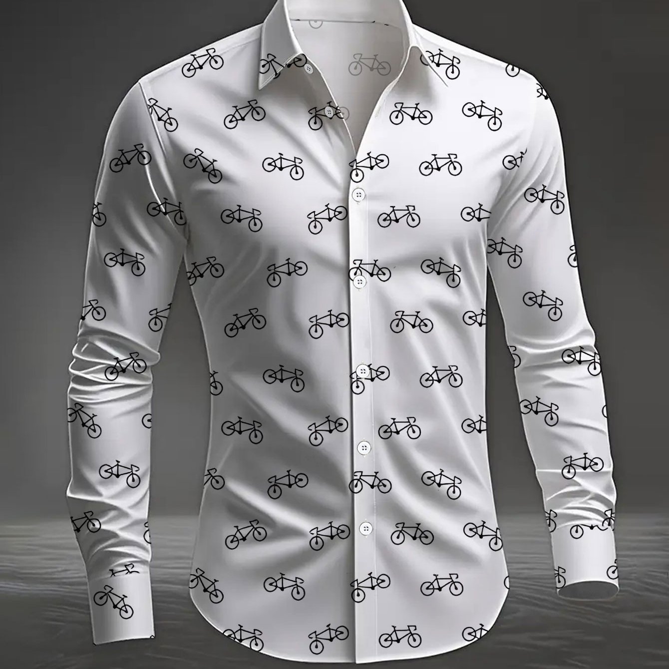 TEMU Classic Versatile Men's Long Sleeve Shirt, Regular Fit Wrinkle- Top With Black And White Minimalist Bicycle Pattern For Young Adults, Casual