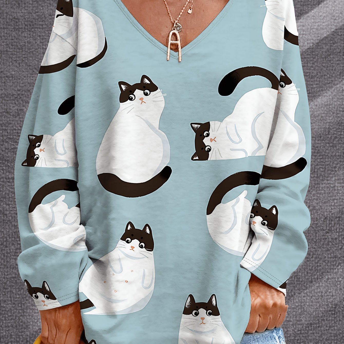 TEMU Plus Size, Light Blue Cartoon Cat Print Long Sleeve Plus Size Women's T-shirt V-neck Niche