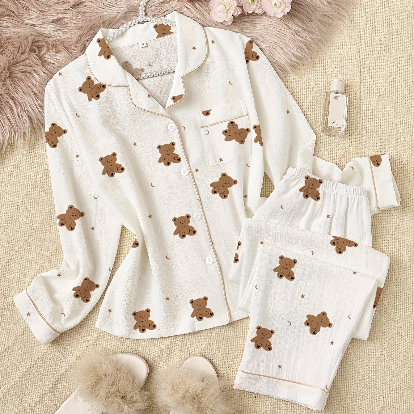 Cartoon Bear Print Long-sleeve And Long-pants Pajama Set For Autumn And Winter