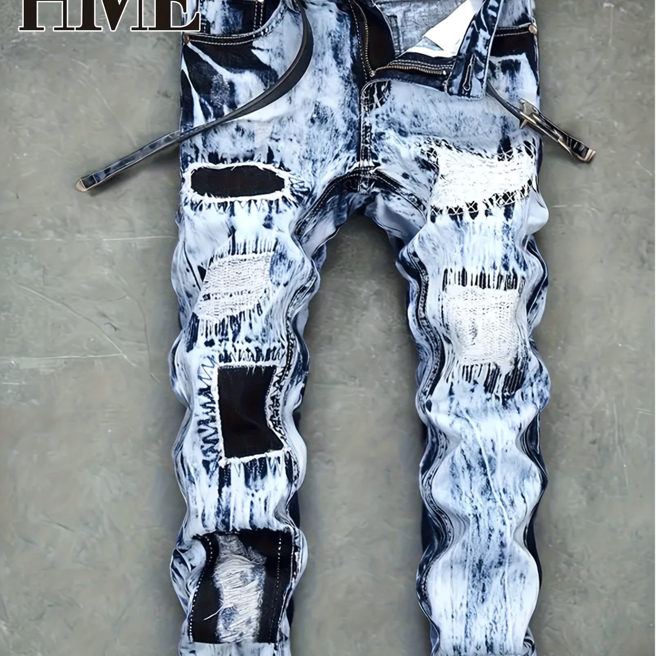 Image of Hme Men's Jeans By European & American - Tie-dye Washed , Multi-patch & Distressed Details, Slim Fit, A Must-have For Trendsetters