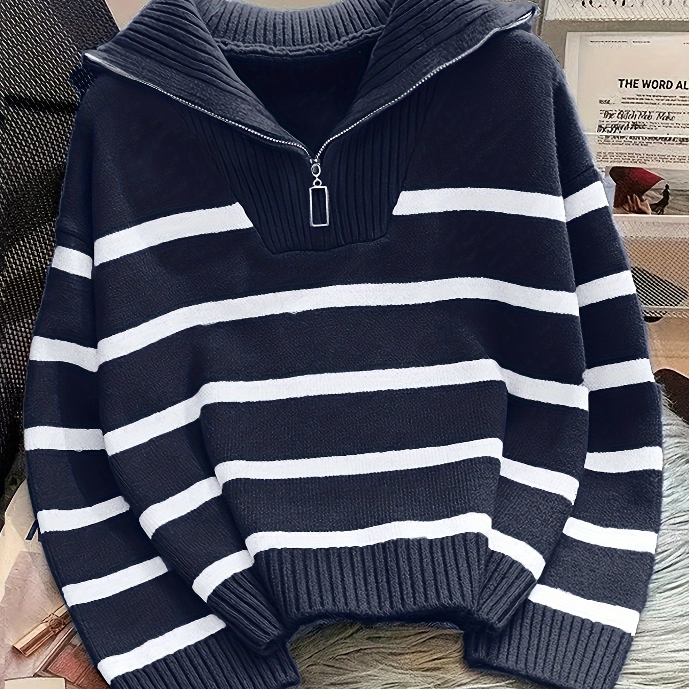 TEMU Chic Striped Zip-up Collared Sweater For Women - Cozy Knit, Long Sleeve, Drop Shoulder Design - Fall/winter