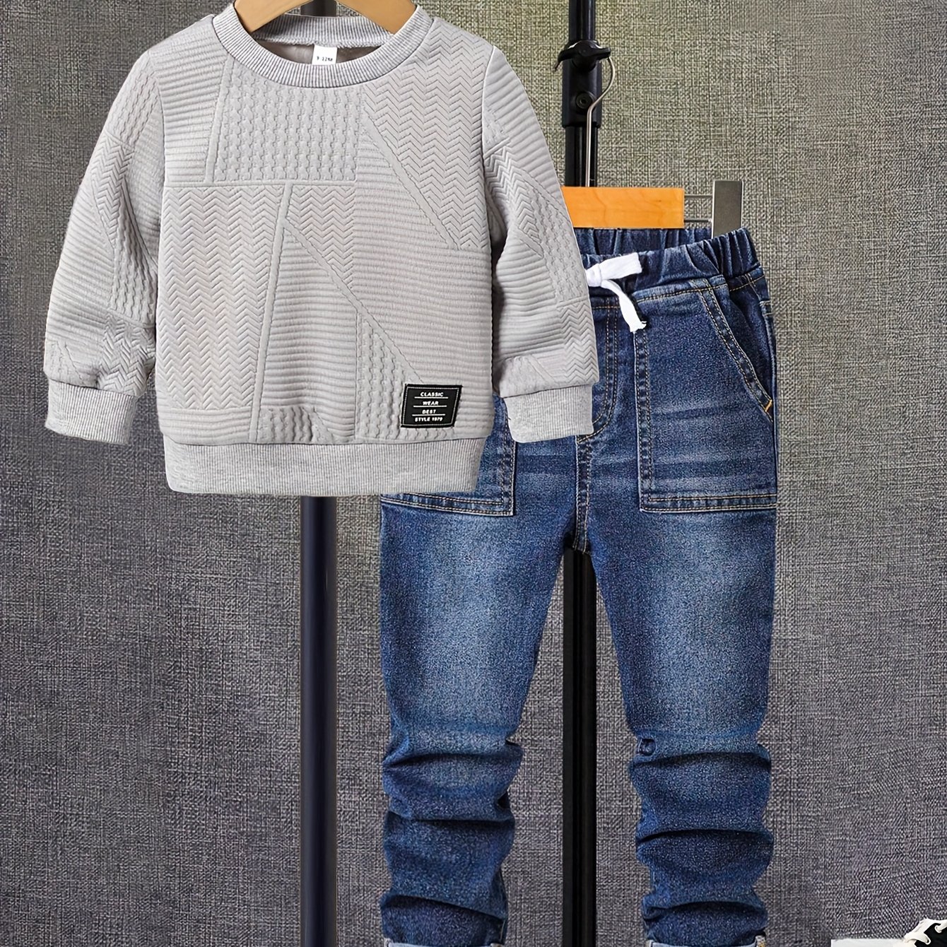 Image of Spring And Autumn 2pcs Suits, Long-sleeved Geometric Textured Round Neck Sweatshirt And Stretch Jeans, Trendy And , Suitable For For 4, For Outdoor