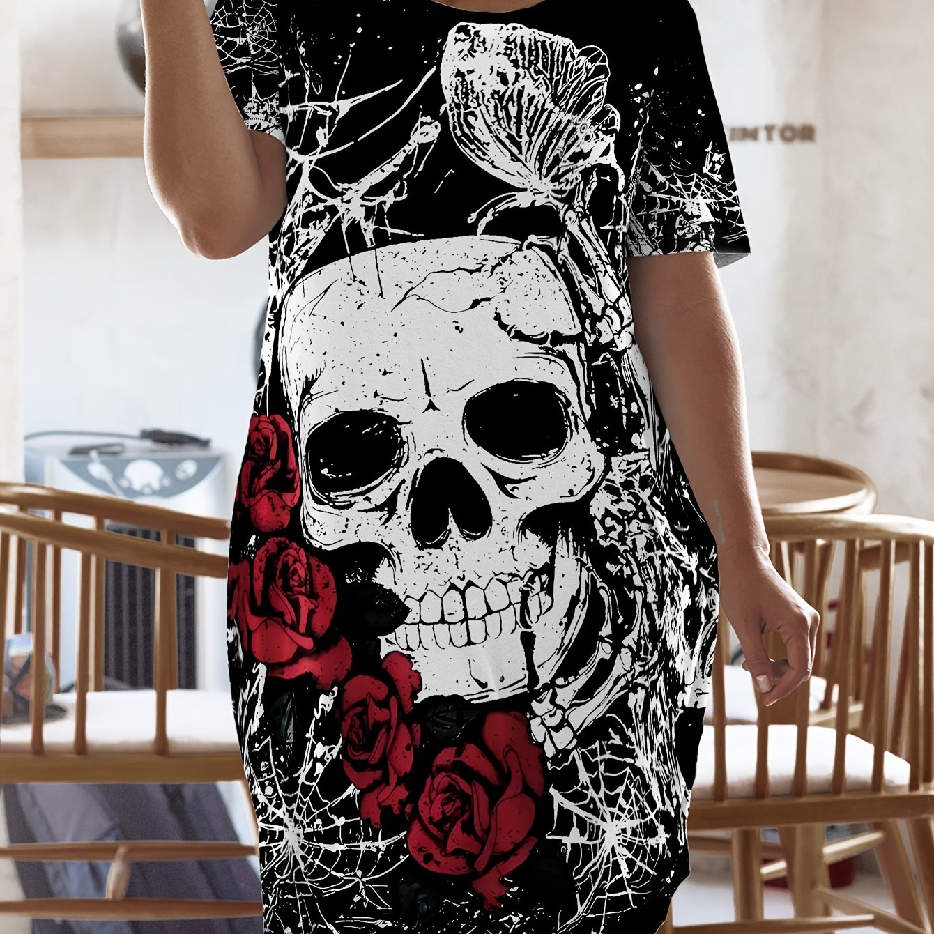 TEMU Plus Size, Women's Plus Size Summer Casual Short Sleeve Dress - Full-body Skull Print Midi Dress Suitable For, Round Neck Outfit, Machine
