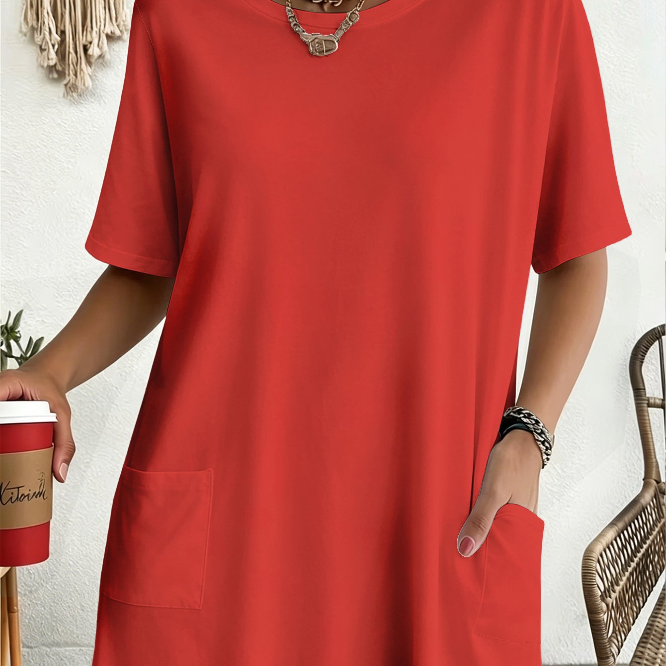 TEMU Plus Size Women's Casual Sport T-shirt With - A Solid Red Background Image, Versatile Summer Casual Women's Wear, Comfortable And Breathable,