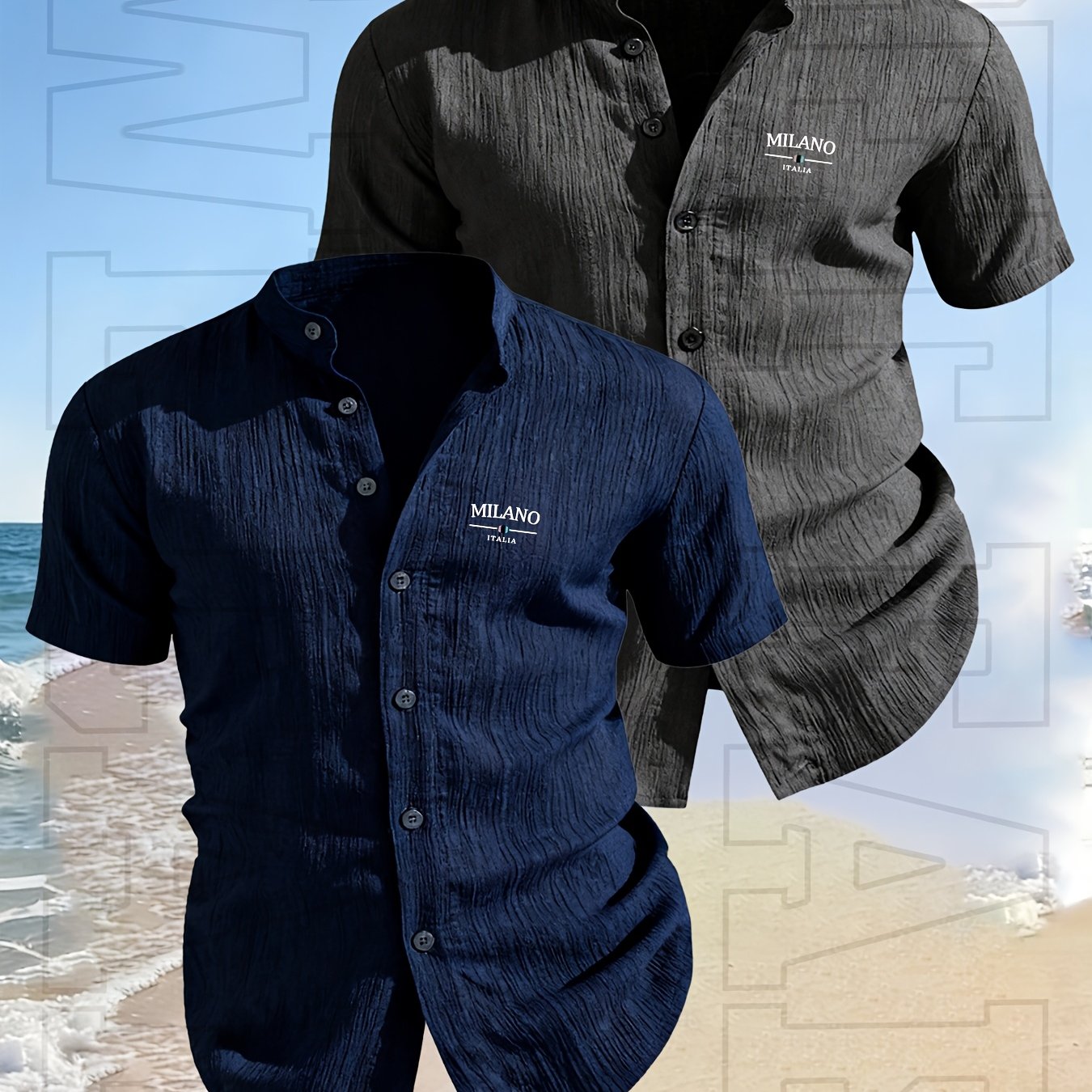 TEMU [ Mei Obm] 2pcs Set - Men's Summer Short Sleeve Shirts - A Lightweight And Breathable Solid Color Button-up Casual Shirt, Featuring A Stand