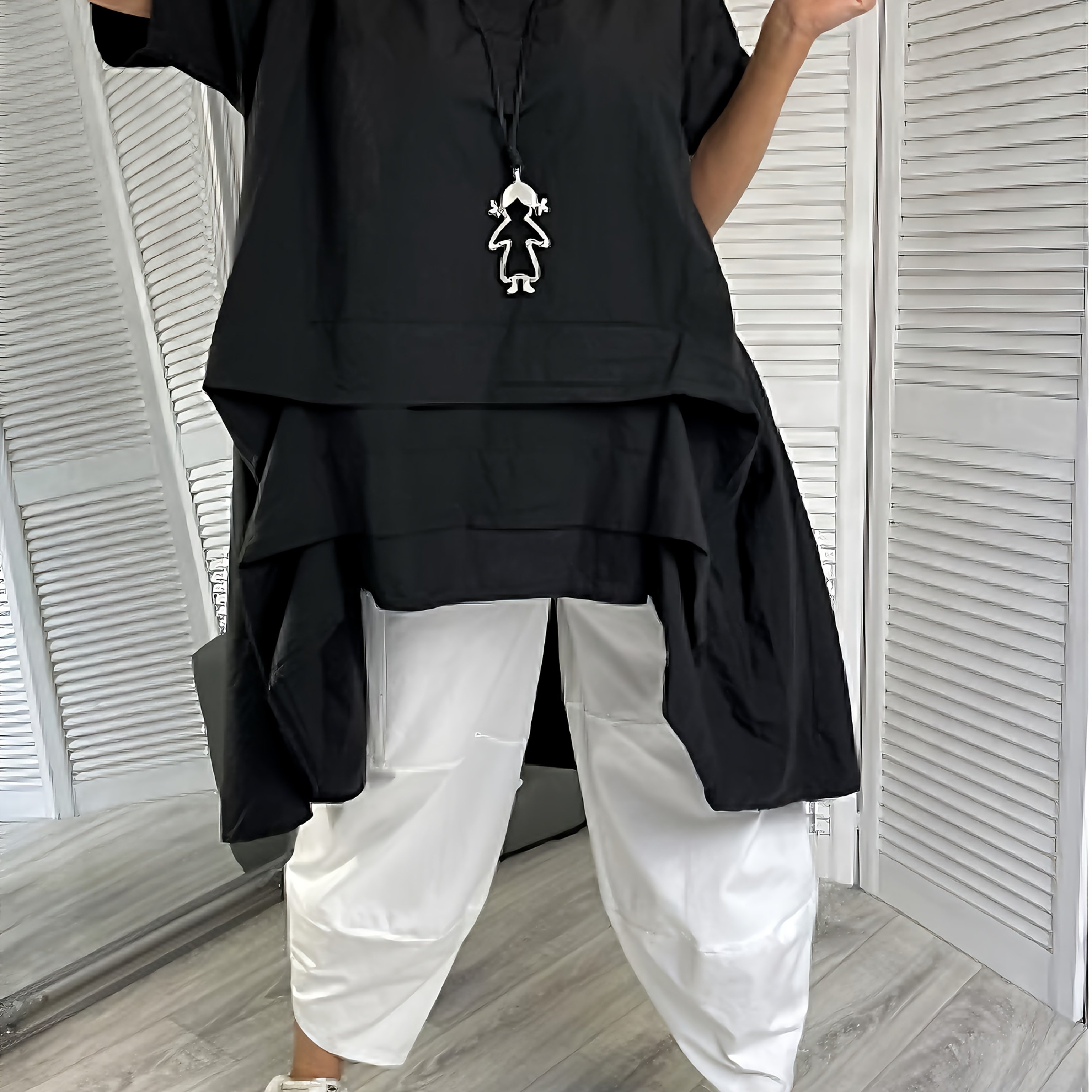 Image of Plus Size - New Versatile Casual Loose Round Neck Short Sleeve Design Front Short Back Long Unique Hem Irregular Design Creative Size Women's Fashion Urban Top