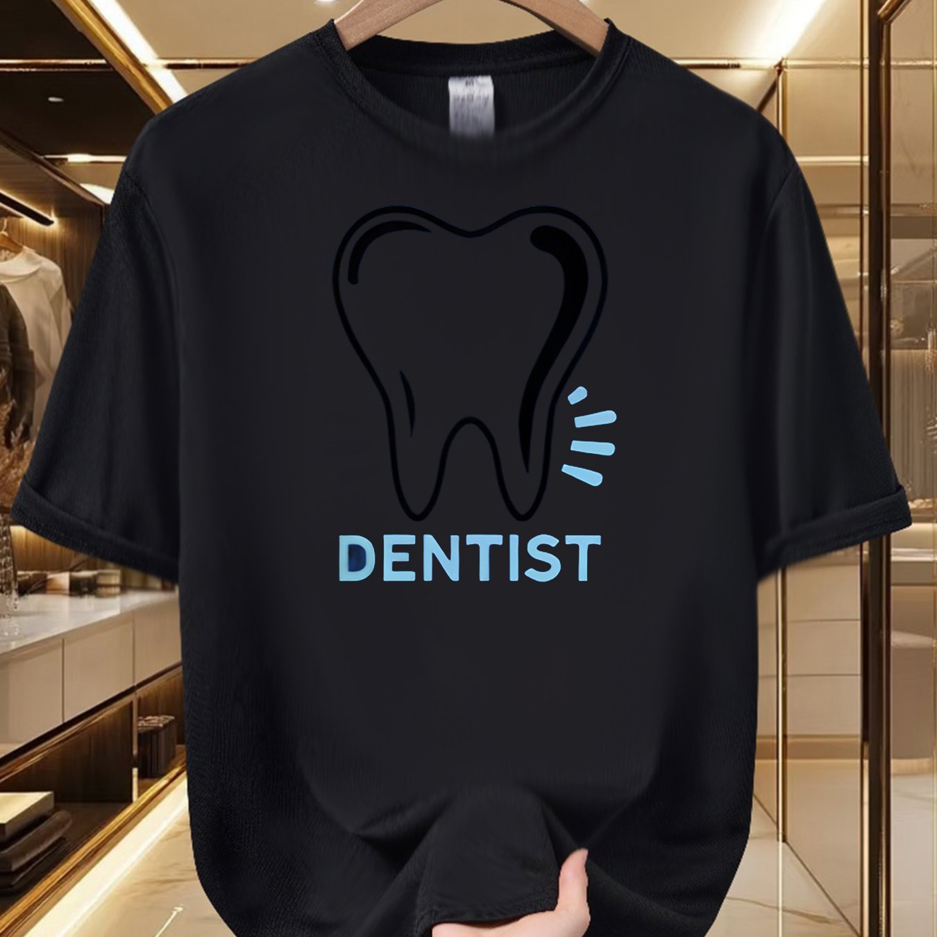 TEMU Men's Dentist Graphic T-shirt - Tooth Design, Soft And Breathable, 100% Polyester Fiber, Crew Neck, Short Sleeve Summer, Fun Dental T-shirt
