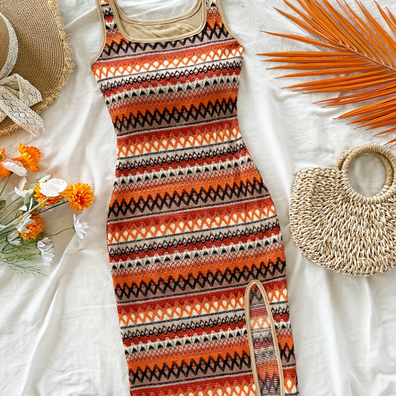 Casual Wave Striped Square Neck Skate Dress Zd0327278