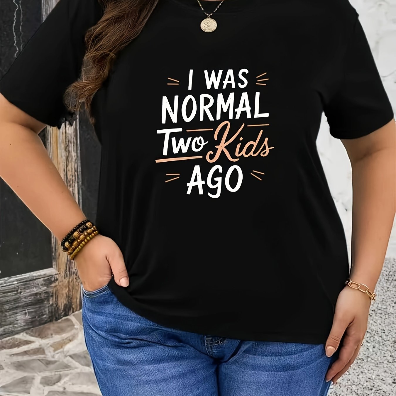 TEMU Plus Size - Plus Size - Plus Size T-shirt With 'i Was Normal 2 Ago', Featuring A For Moms Of Two. This Black Short-sleeve Round-neck T-shirt Is