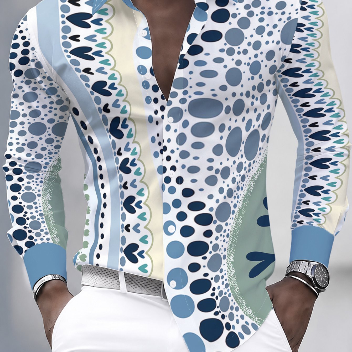 TEMU Men's Casual Long Sleeve Shirt, Blue And White Abstract Pattern With Polka Dots, Lines, And Elements, Trendy Summer Style, Casual Wear, Beach