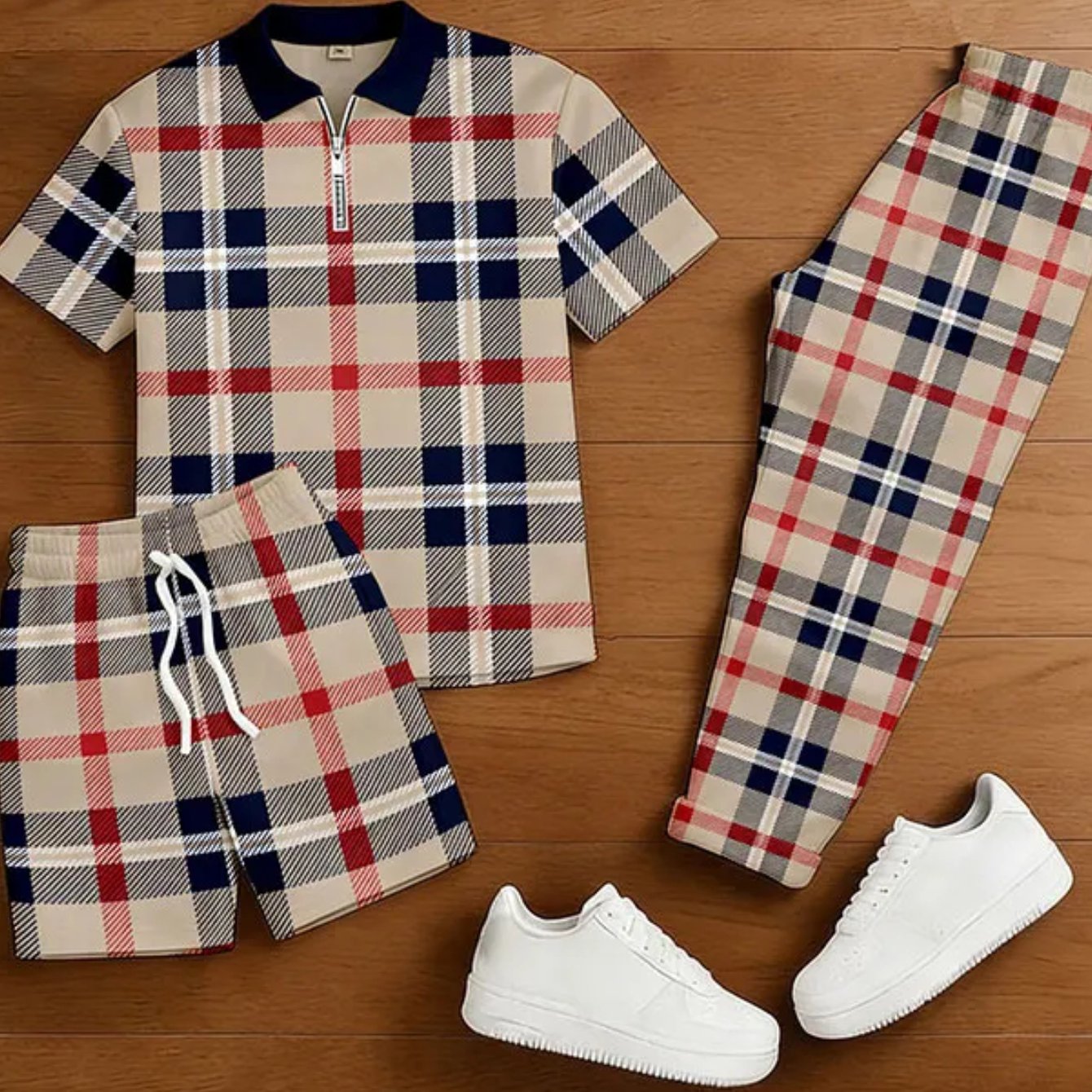 Outfits 3pcs Set: Unisex Casual - Geometric Print Zip-up Short-sleeved Shirt, Trousers, And Shorts, Perfect For Outdoor
