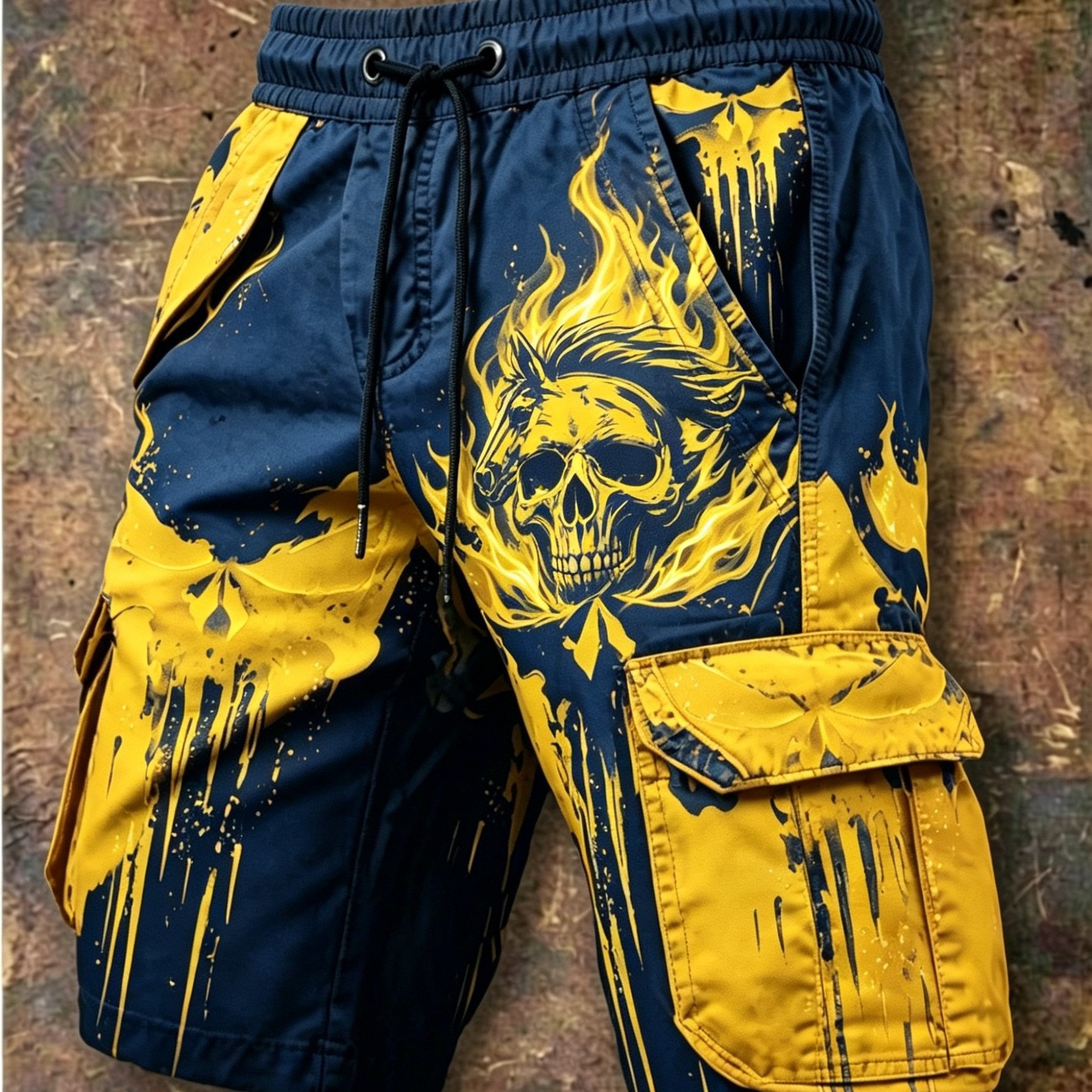Image of Men's Summer Casual Multi-pocket Cargo Shorts, Navy Skull Loose Drawstring 5-inch Shorts For Outdoor Daily Street Wear