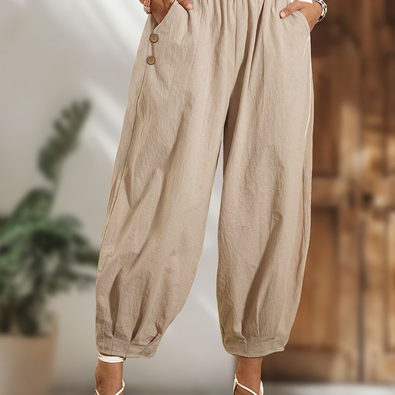 Plus Size, Extended New Style -size Women's Tapered Pants, Fabric With Cuffs And Turned-up Hem, Elegant Style Women's Tapered Pants