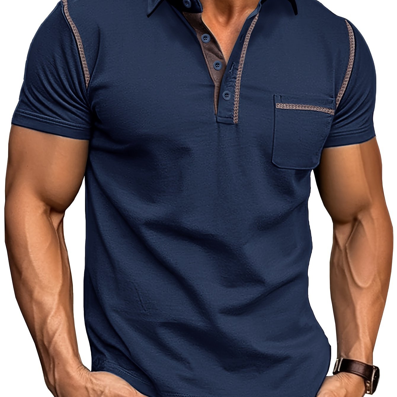 Image of 2024 Summer Western Men's Short Sleeve Shirt, Export Men's Collar T-shirt -border -block Polos