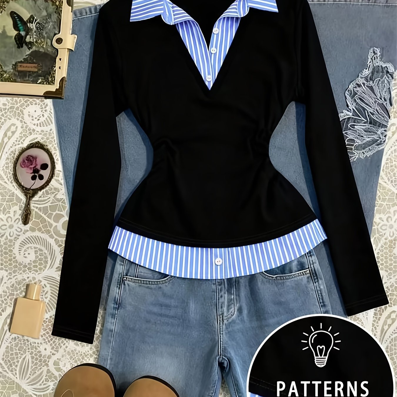 TEMU Ensemble pièces pour femme élégant et , comprenant un haut à col rayé bleu et blanc avec col en V et manches longues, idéal sous-vêtement de