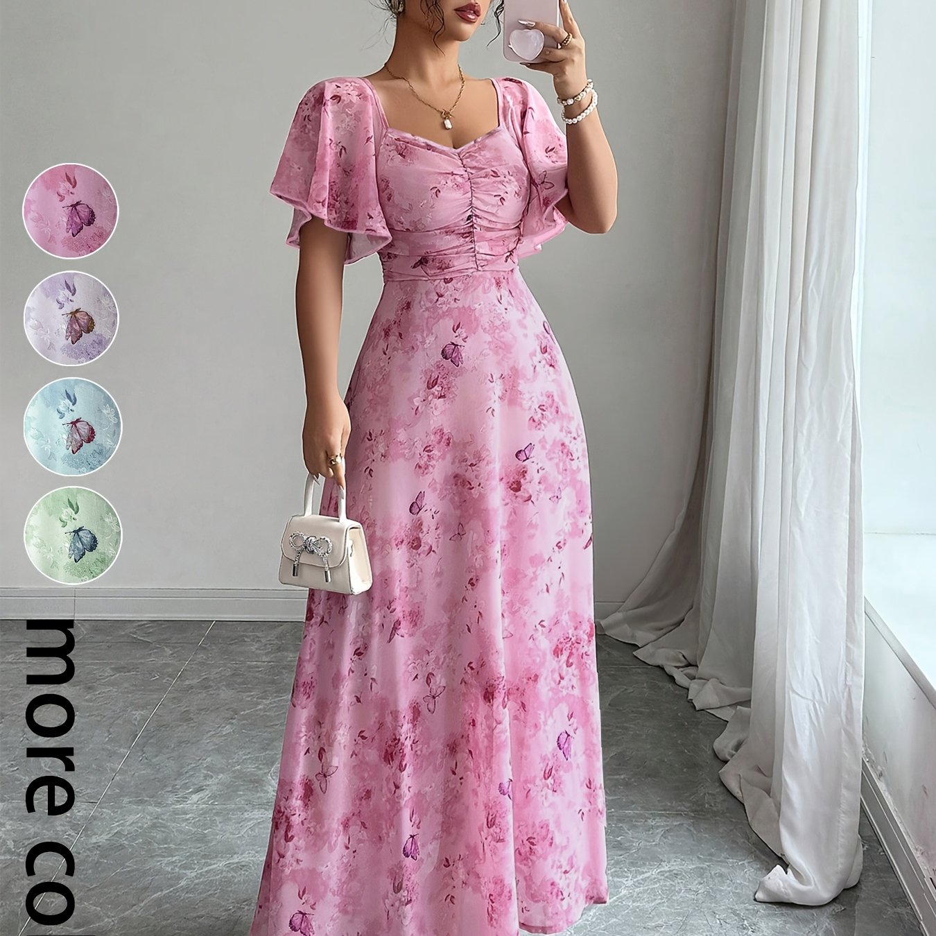 TEMU Robe Femme Volants, Imprimé Papillon Chiffon, Manches Groupées, Tenue d'Été Douce Style Français