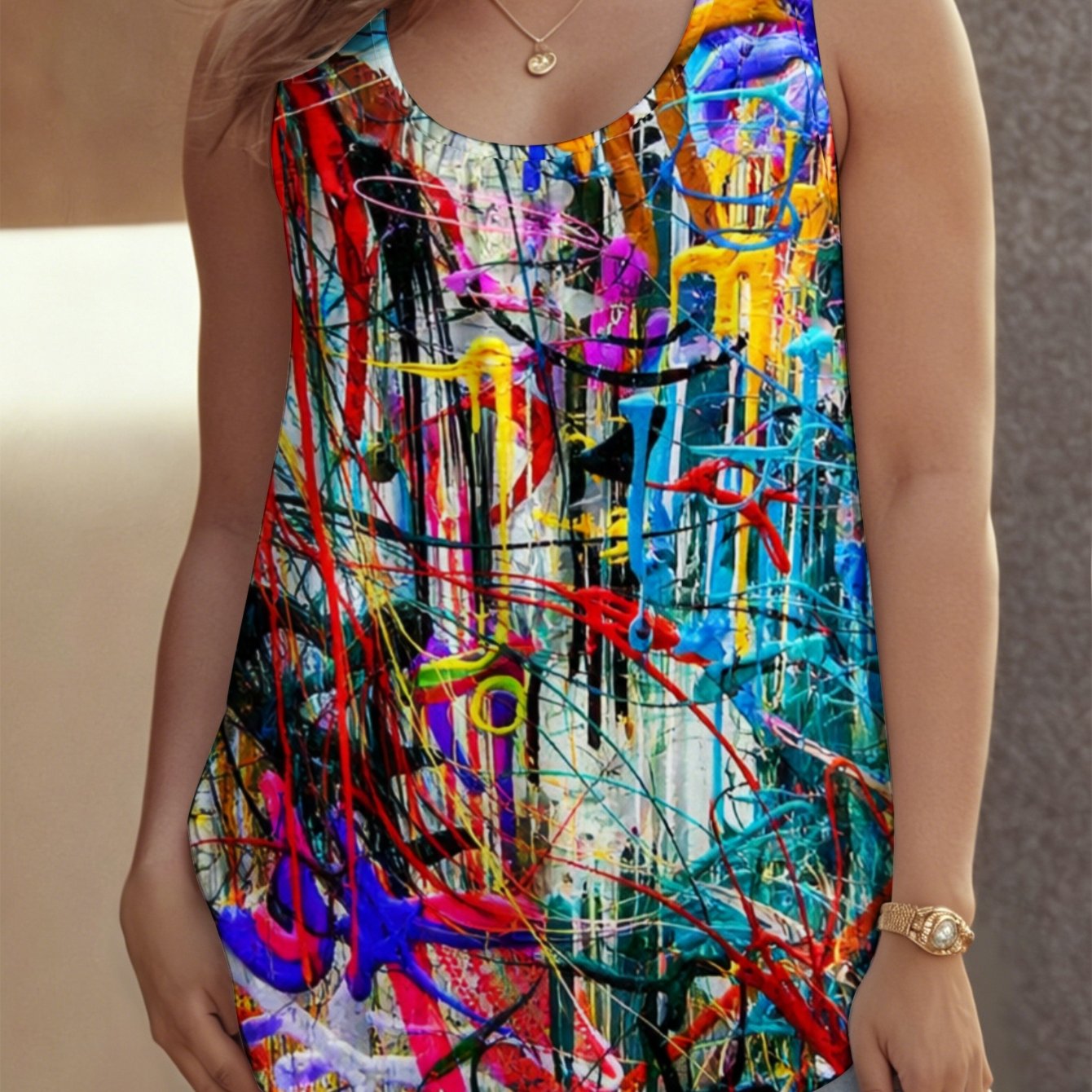 Image of Plus Size, Women's Plus Size Crew Neck Sleeveless Tank Top, Sizes 0xl-9xl Abstract Colorful Paint Fashionable Casual Suitable For , Beach And Travel, Stylish Sexy Outfits For Women