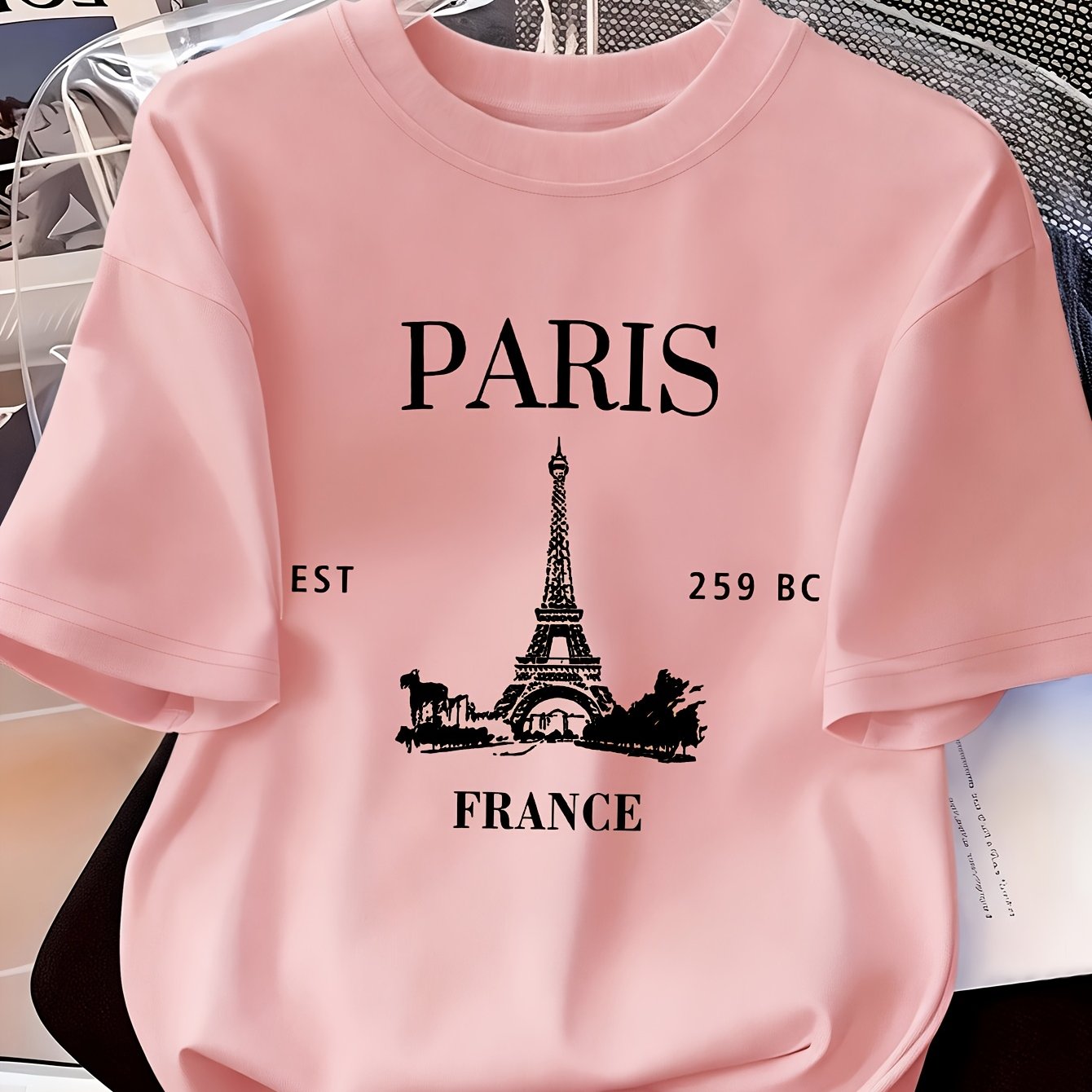 TEMU Ins-style Paris Printed Short-sleeve T-shirt, Slim- Neck, 2026 Spring/summer Women's Wear, Casual, Smooth, Soft, And Comfortable Fabric, Women