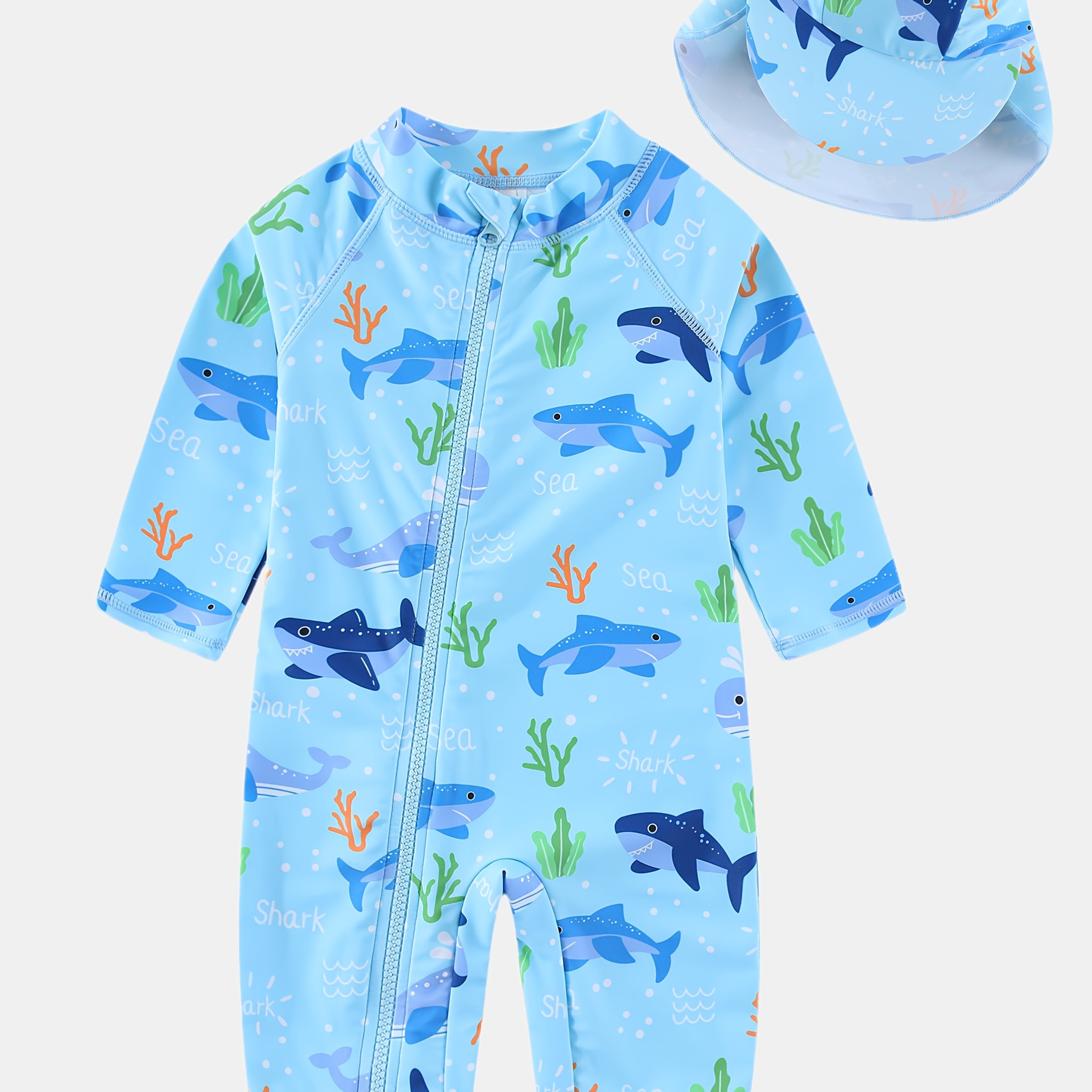 Image of Boys' Deep- School Print 1pc Swimsuit Baby Boy Full-open Zipper 1pc Swimwear With Sun Hat