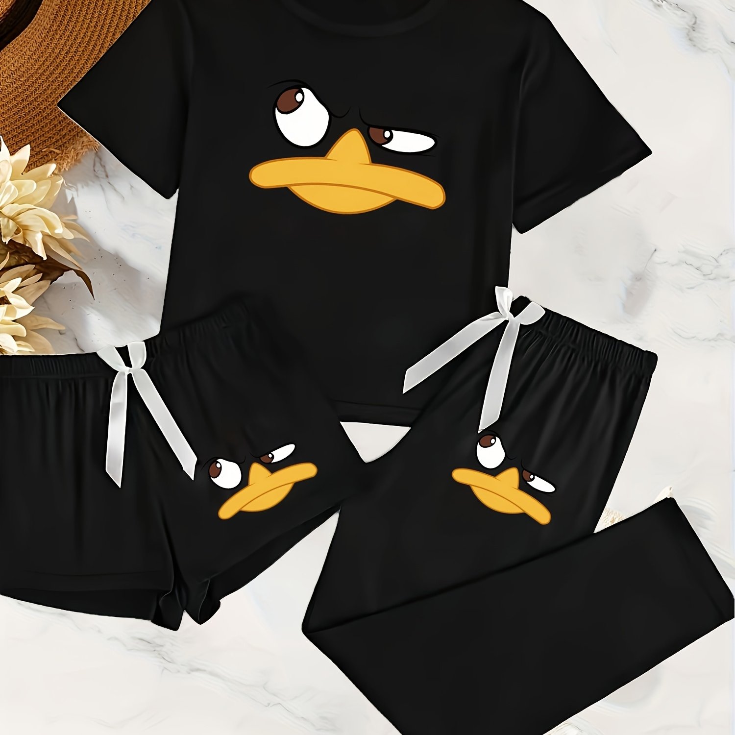 E-shop Damen Casual Niedliches Cartoon Drei-Teiliger Schlafanzug-Set