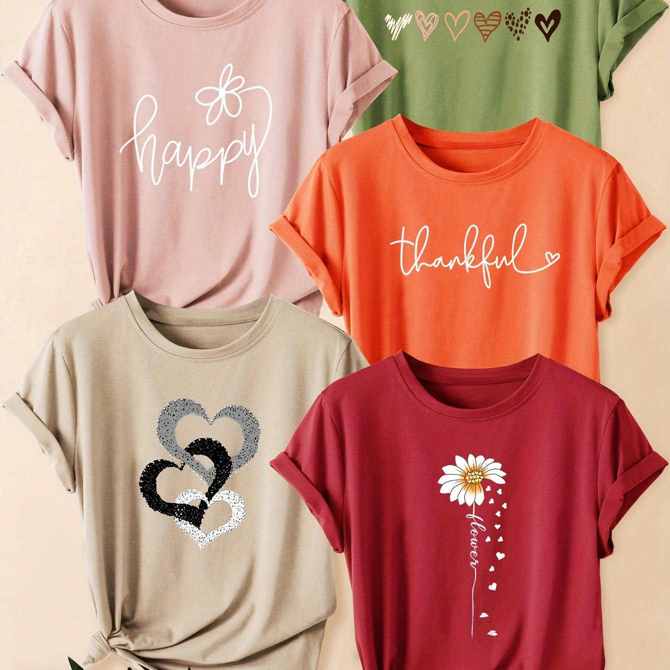 TEMU 5pcs Women's Vintage Graphic T-shirts - Happy, Thankful & Heart Daisy Print Round Neck Tees, Soft Stretchy Fabric, Machine Washable, Spring