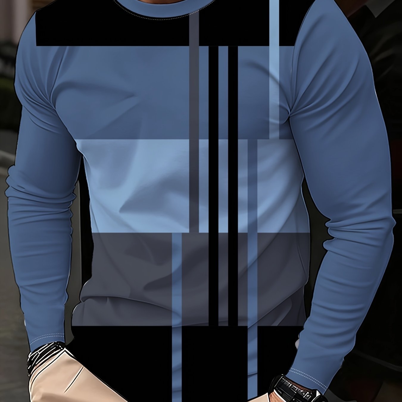 TEMU Men's Fashion Casual Trendy Geometric Graphic Long Sleeve T-shirt Adult Male Street Style Holiday Gift Casual Wear