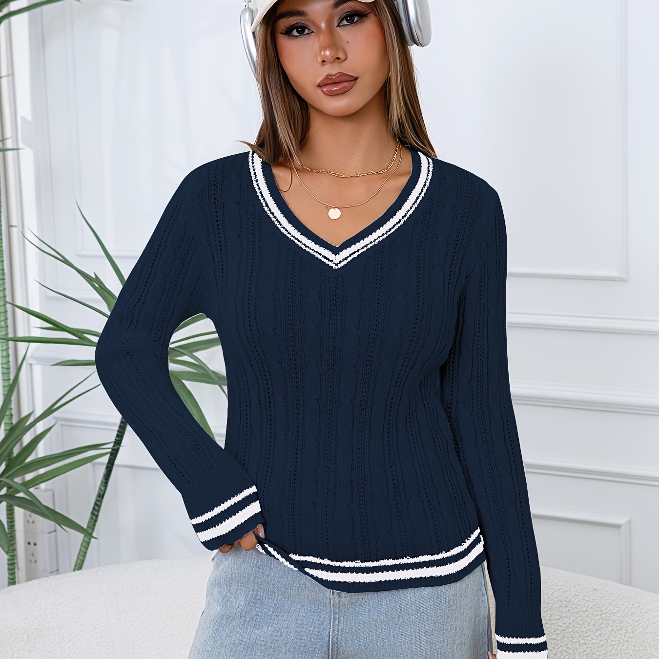 TEMU Elegant Directional Style, Women's Autumn And Winter V-neck Color-block Casual Streetwear Versatile Sweater