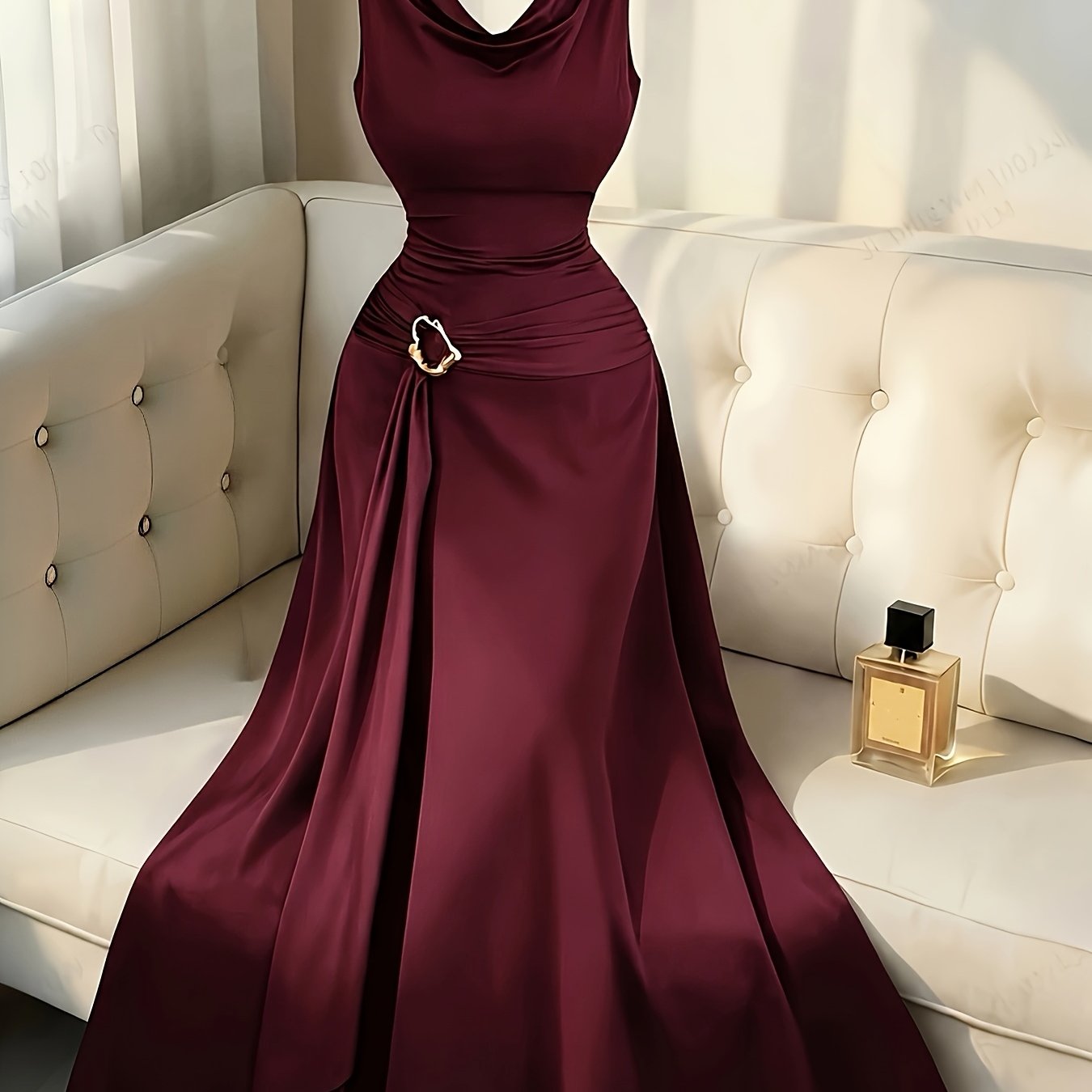 TEMU Sleeveless Puff Sleeve Dress Women's Metallic Buckle Waist-cinching Bodycon Skirt Elegant Temperament Evening Date Dress Long Dress
